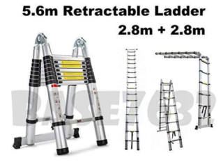 ALUMINIUM TELESCOPIC LADDER WITH HINGES 2.8M + 2.8M DOUBLE SIDE TOTAL STEPS:2*9 STEPS THICKNESS:1.3-1.5MM STEP DISTANCE:30CM A SHAPE LADDER HEIGHT:2.8M+2.8M STRAIGHT LADDER HEIGHT:5.6M FOLDING SIZE:94*48*18CM PACKAGE:1PCS/WARNING STICKER/MANUAL BOOK/BAG/BROWN CARTON WITH FOAM INSIDE NW/GW:19.3KG/20.7KG PACKING SIZE:49*19*96CM MAX LOAD:150KGS WITH ONE STABILIZER BAR