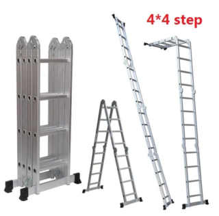 ALUMINUM MULTIPURPOSE LADDER 4*4 STEP WITH SAMLL HINGES THICKNESS:1.2MM STEP DISTANCE:28CM EXTENSION  LENGTH:470CM A STEP LADDER HEIGHT:226CM SCAFFOLDING HEIGHT:121CM NW/GW.:12.0KG/12.5KGS FOLDING SIZE:126*37*28CM PACKING SIZE:124*37*28CM MAX LOAD:150KG PACKAGE WAY: 1.1PCS/BAG/WITH TWO COLOR CARTONS CAPS,WITH WARNING STICKER 2.STICKER WITH CUSTOMER LOGO,
