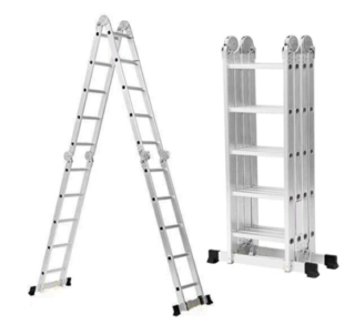 ALUMINUM  MULTIPURPOSE LADDER WITH SMALL HINGES  TOTAL STEP:4*5 STEP THICKNESS:1.2MM STEP DISTANCE:28CM EXTENSION  LENGTH:580CM A STEP LADDER HEIGHT:280CM SCAFFOLDING HEIGHT:154CM FOLDING SIZE:154*37*28CM NW.:13.6KG PACKING SIZE:152*37*28CM PACKAGE:WITH TWO CARTON CAPS+SHRINK BAG MAX LOAD:150KGS