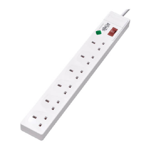 6-Outlet Surge Protector – British BS1363A Outlets, 220-250V AC, 13A, 1.8 m Cord, BS1363A Plug, White, Tripplite