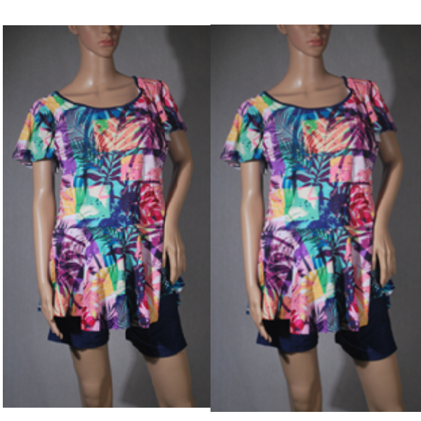 Ladies Swim Suit 2 Piece, With Frill, Multicolor Palm Tree Design, Large