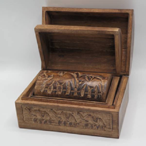 Wooden Gift Box, Curved Top, Elephant Carving Set Of 3