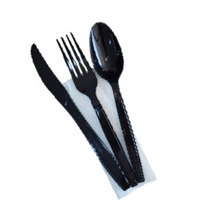 St-Md Black Cutlery Set [Spoon,Fork,Knife,Napkin] 19.2 Cm, Pack Of 100 Set