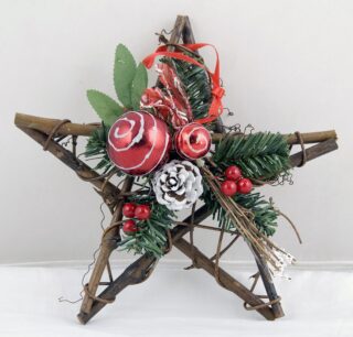 Hanging Christmas Star 10inch, Decorated On Wood Stick Red/Green/White