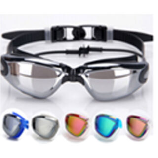 Adult Anti-Fog Swim Goggles, Mirror Coating, Silicon Strap With Ear Plugs