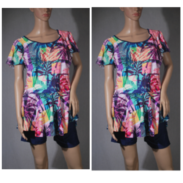 Ladies Swim Suit 2 Piece, With Frill, Multicolor Palm Tree Design, 2X-Large