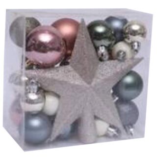 Christmas Ornament Set – 5Cm, 4Cm & 3Cm Balls in Rose Gold, Beige, Champagne Silver & Grey with Tree Top Glitter Star