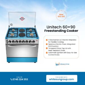 Unitech 60x90 Freestanding Gas Cooker with 4 Gas Burners and 2 Electric Hotplates – Stainless Steel Cooker with Large Oven