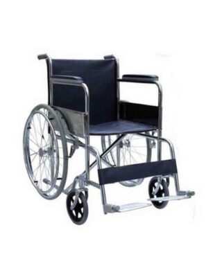 Chrome Steel Wheelchair – Fixed Armrest & Legrest, 8″ PVC Castor, 24″ Solid Spoke Wheels