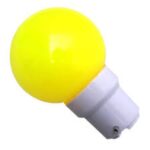 Yellow LED bulb with a white screw-in base on a white background, viewed at an angle