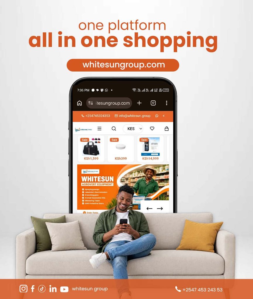 Man Sitting on a Sofa Using a Smartphone a Large Phone Screen Behind Shows the Whitesun Group Online Shopping Site with Orange Branding one Platform All in One Shopping