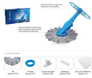 Blue pool cleaner with a circular, multi‑blade scrub head and a blue top extension shown beside its box. Part of a universal cleaner with included components labeled below the image.