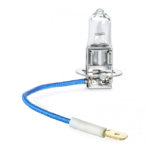 Clear halogen bulb with metal base and blue wire connected to a white spade-terminal connector.