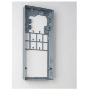 Empty gray plastic electrical wall box frame, vertical orientation, showing internal mounting brackets and screw holes for a wall switch or outlet.