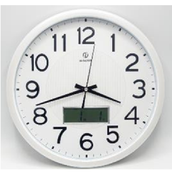 Wall Clock Round 35cm White Frame With Quartz Movement With Digital Clock