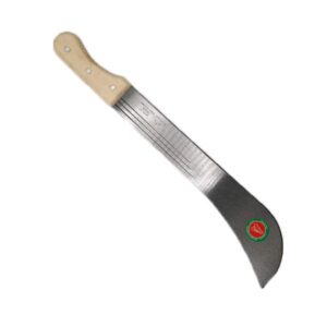 Machete with a light wooden handle and long curved blade, featuring a small circular green-red logo near the tip.