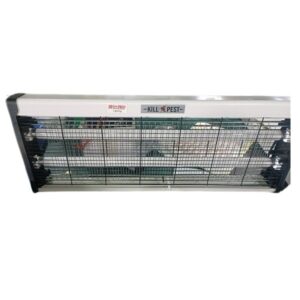 Long rectangular electronic insect killer with a metal grid and white housing, labeled KILL PEST, mounted on a wall edge pattern beyond the grid.