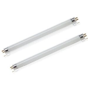 Two long fluorescent light tubes with pin bases on each end, placed diagonally on a white background.