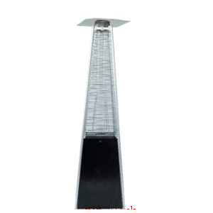 Tall outdoor patio heater standing upright with a metal mesh guard around the flame tube and a square base, viewed from above.