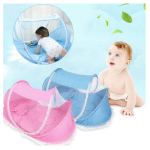 Baby sitting next to three pastel fabric play tents in pink and blue; circular inset shows a baby crawling inside one.