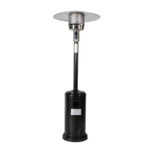 Tall black propane patio heater with a circular metal reflector at the top.