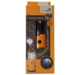 Orange camping lantern in its retail packaging, with AceCamp branding and features visible on the box.