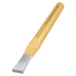 Wood chisel with a flat metal blade and yellow wooden handle, oriented diagonally across the image.