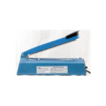 Blue manual plastic bag sealer with a hinged arm, used to seal bags, on a white background