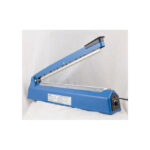 Blue tabletop impulse sealer with lever raised, used to seal plastic bags.